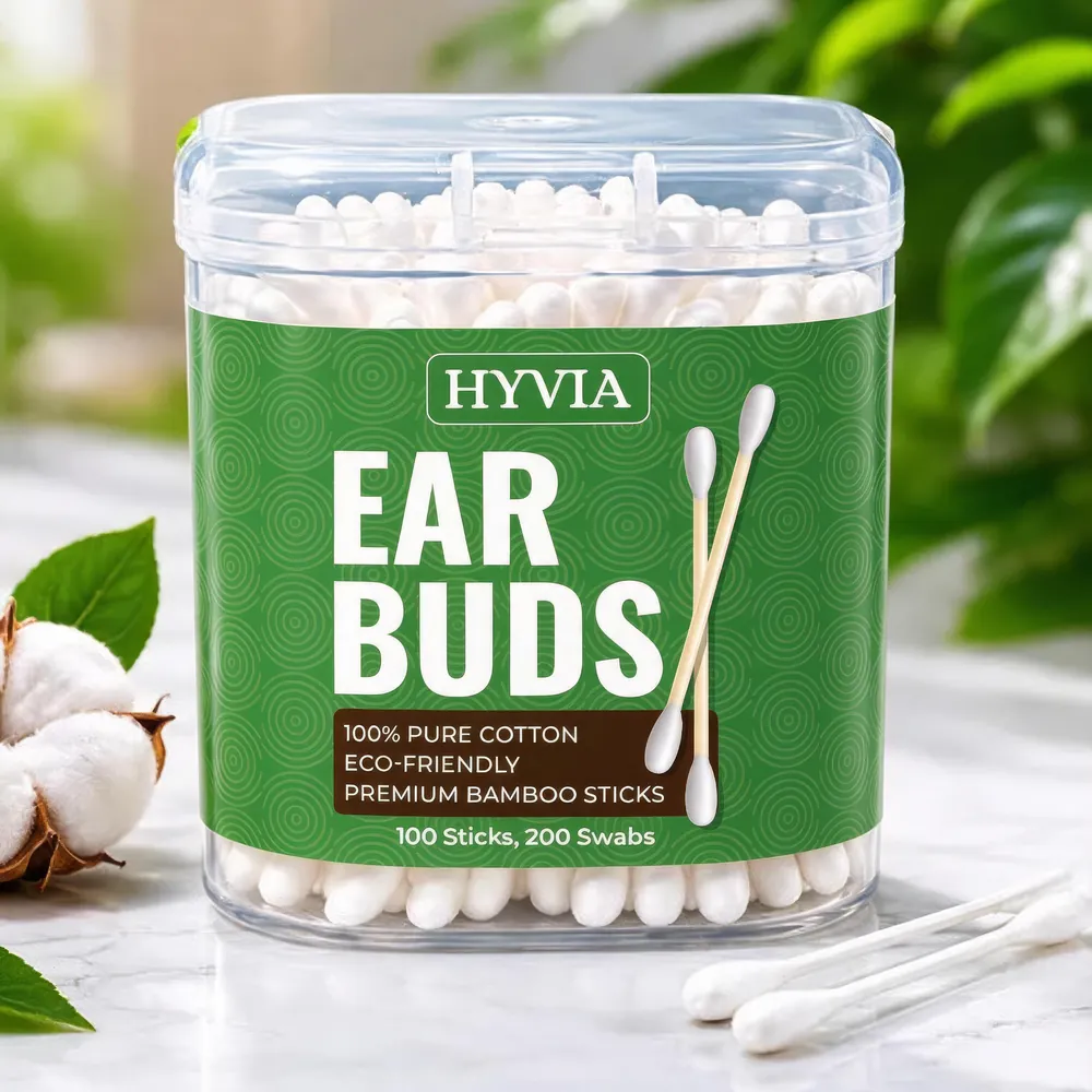 HYVIA Ear Buds jar with cotton swabs on bamboo sticks